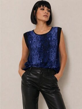 W118 by Walter Baker Blue Snake-Print Sleeveless Blouse with Black Trim
